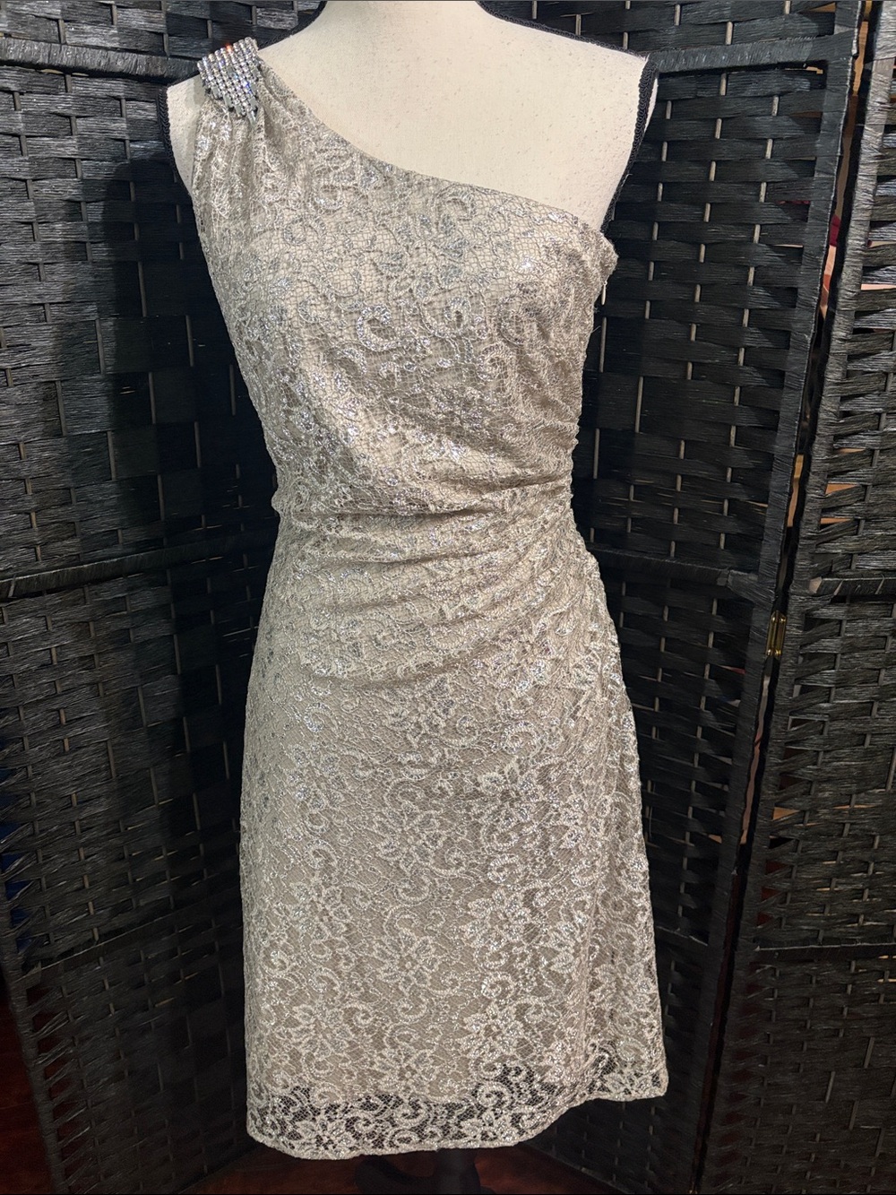 Calvin Klein One-Shoulder Silver Lace Cocktail Dress Size 10 EUC